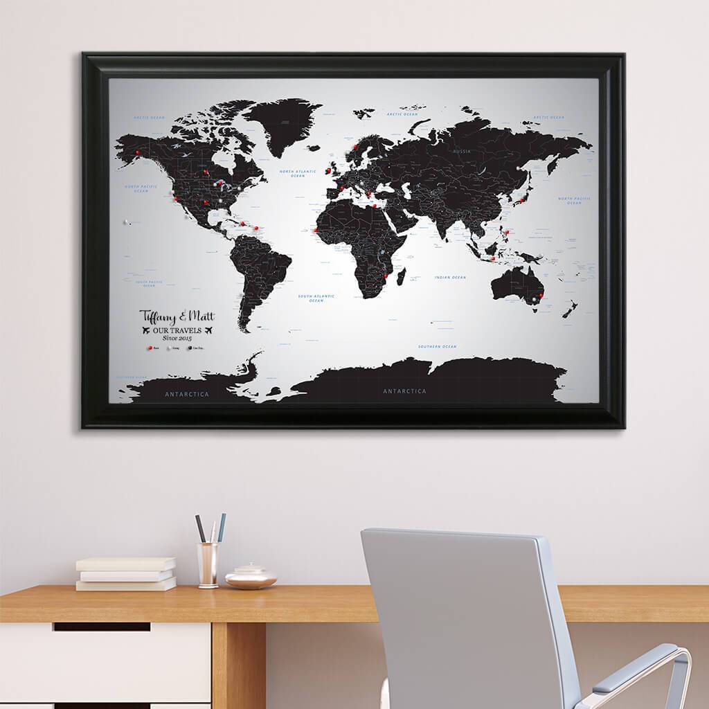 Canvas Black Ice World Map with Pins in Black Frame