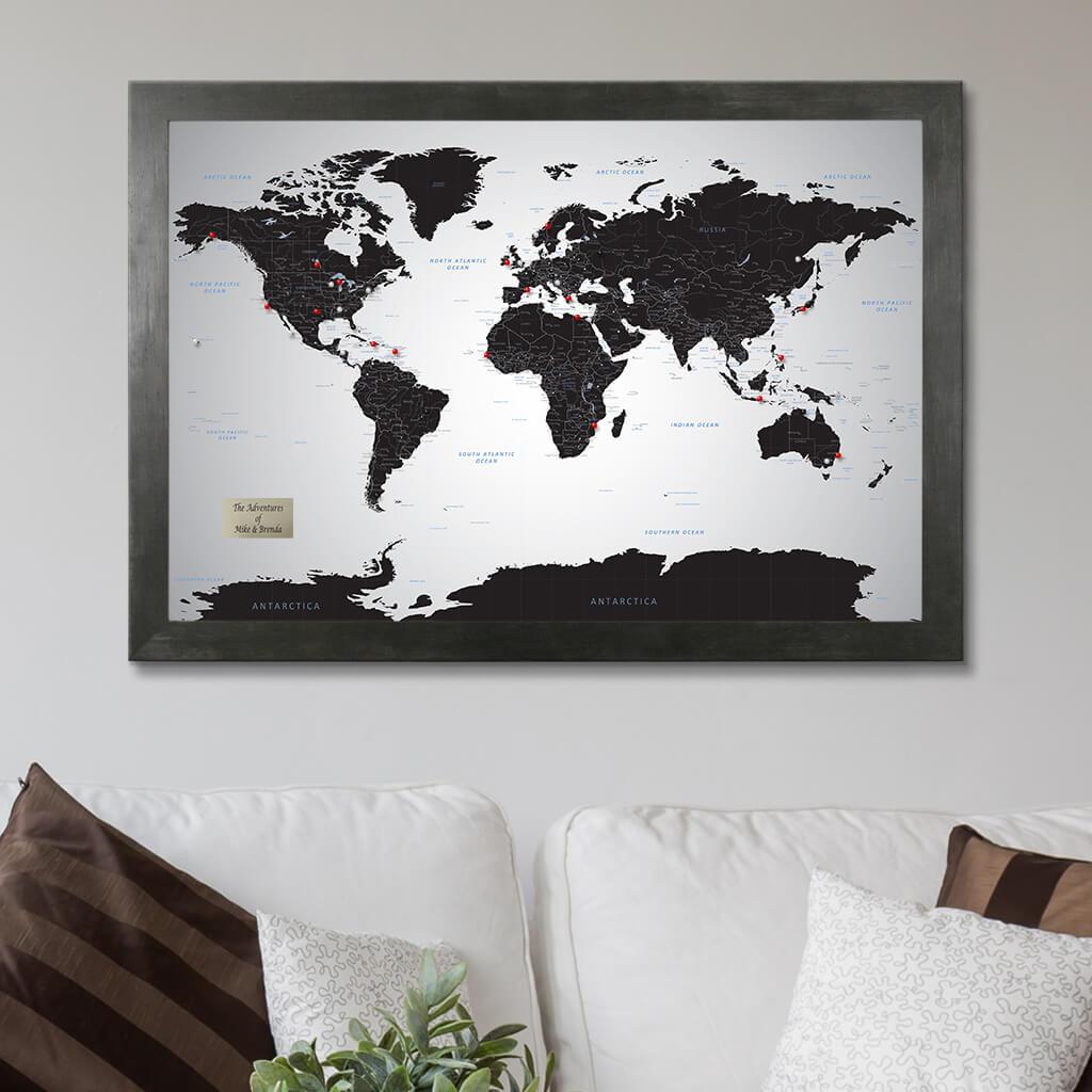 Push Pin Travel Maps - Black Ice World - Black Frame Framed Pin Map for Tracking Your Travels - 27.5 x 39.5 - 8 Handcrafted Frame options - Made