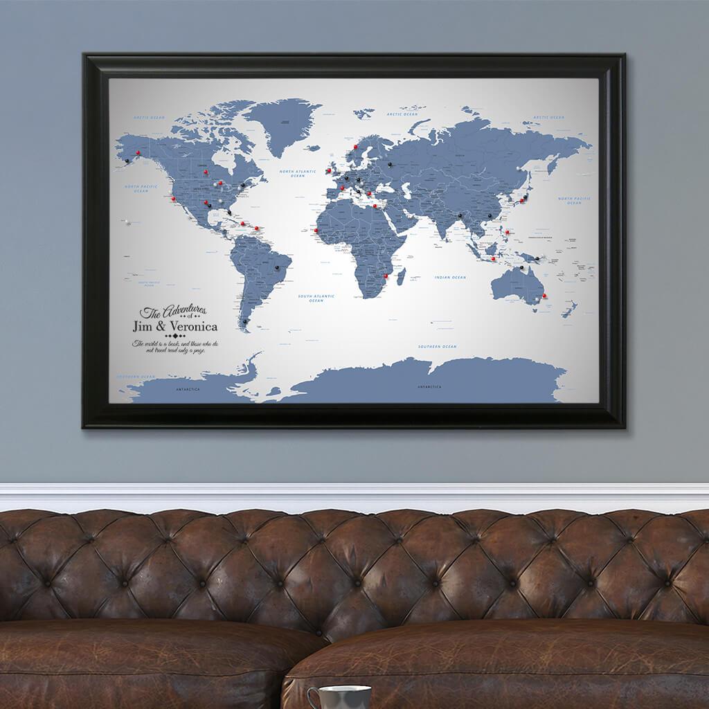 Canvas Blue Ice World Travel Map in Black Frame
