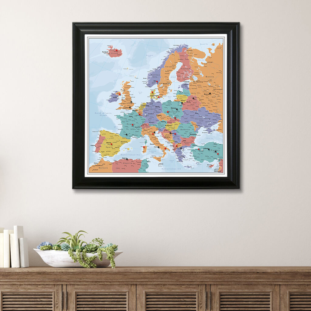 Canvas Blue Oceans Europe Travel Map - Black Frame