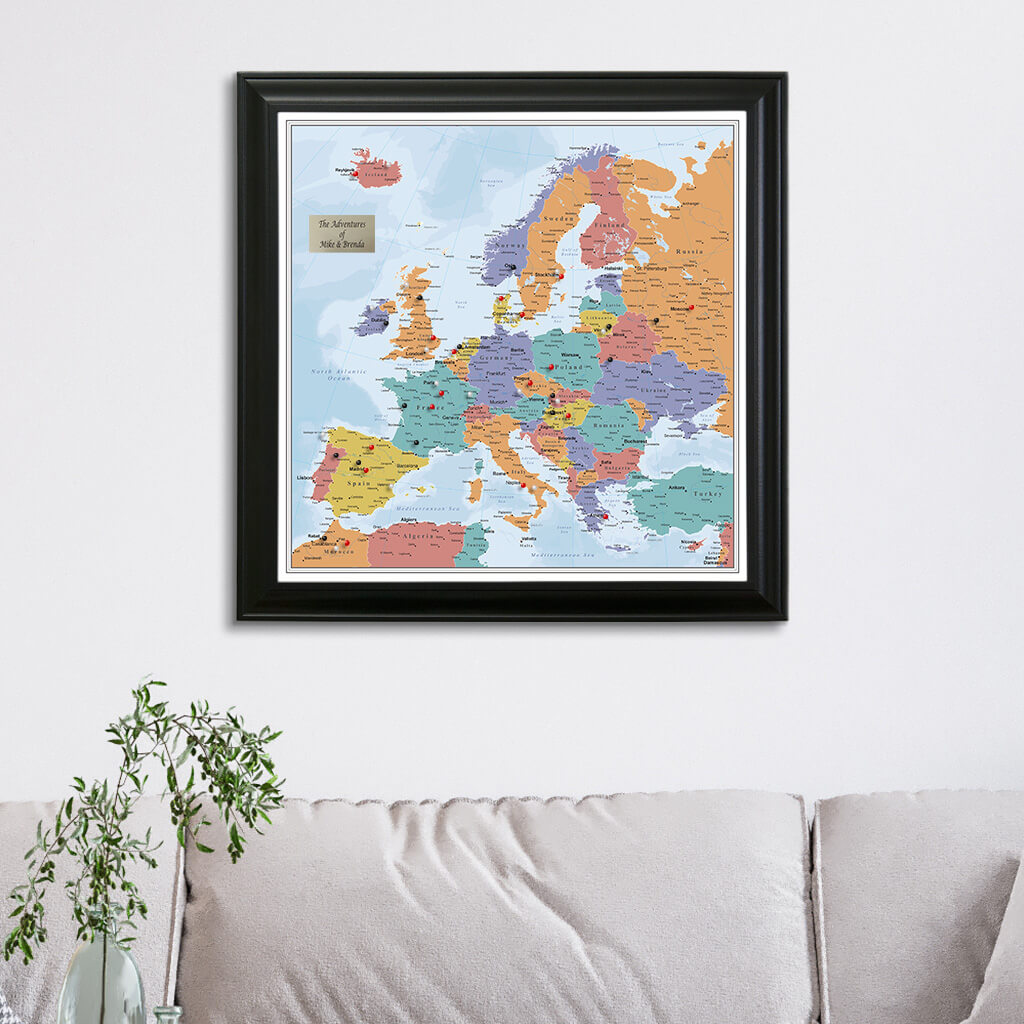 Blue Oceans Europe Travel Map in Black Frame