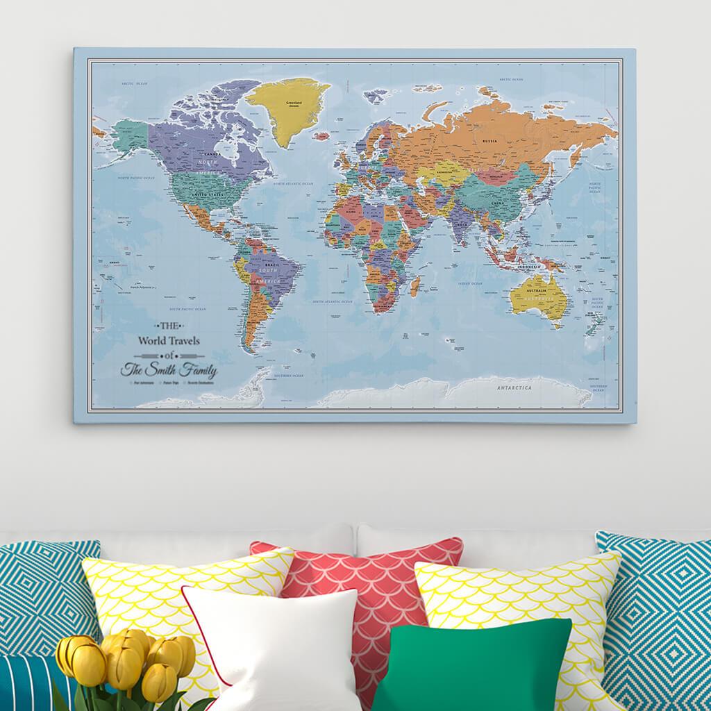 World Travel Map Pin Board with Push Pins: Light Blue Color Splash