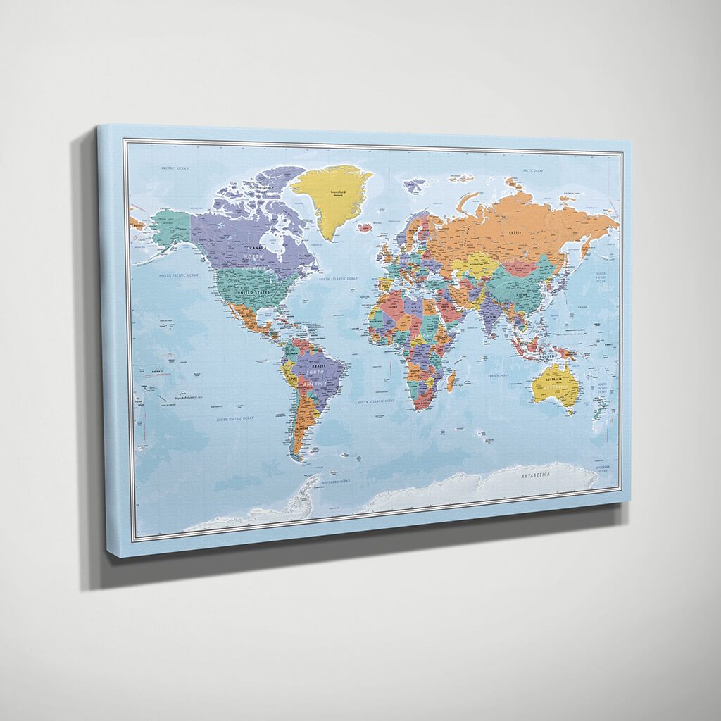 Designer World Map in Blue Green Grey White Framed Push Pin 