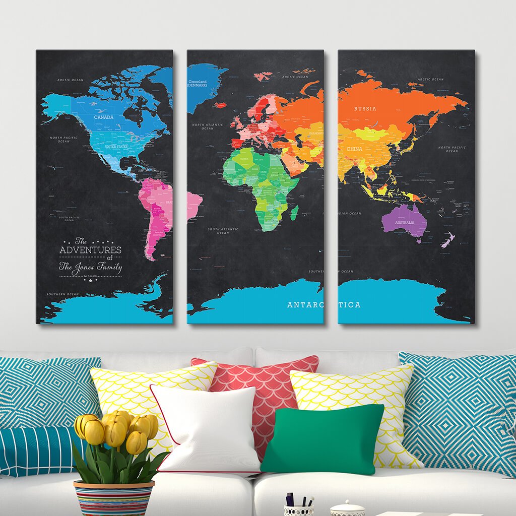 Large 3 Panel Gallery Wrapped Canvas Bright Night World Map