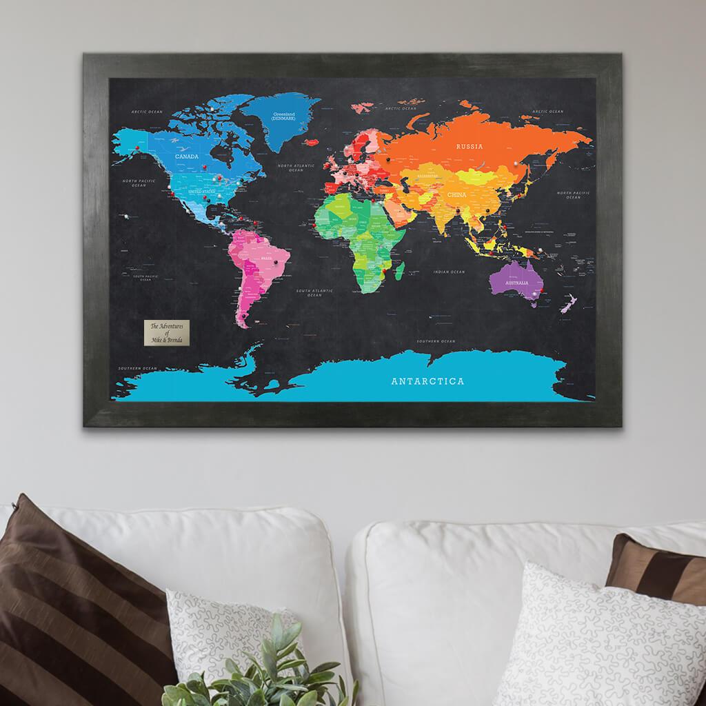 Bright Night Framed Paper Push Pin World Travel Map with Pins