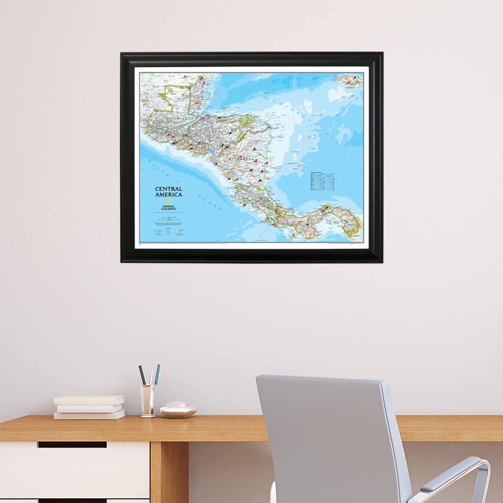 Classic Central America Travel Map with Pins in Black Frame