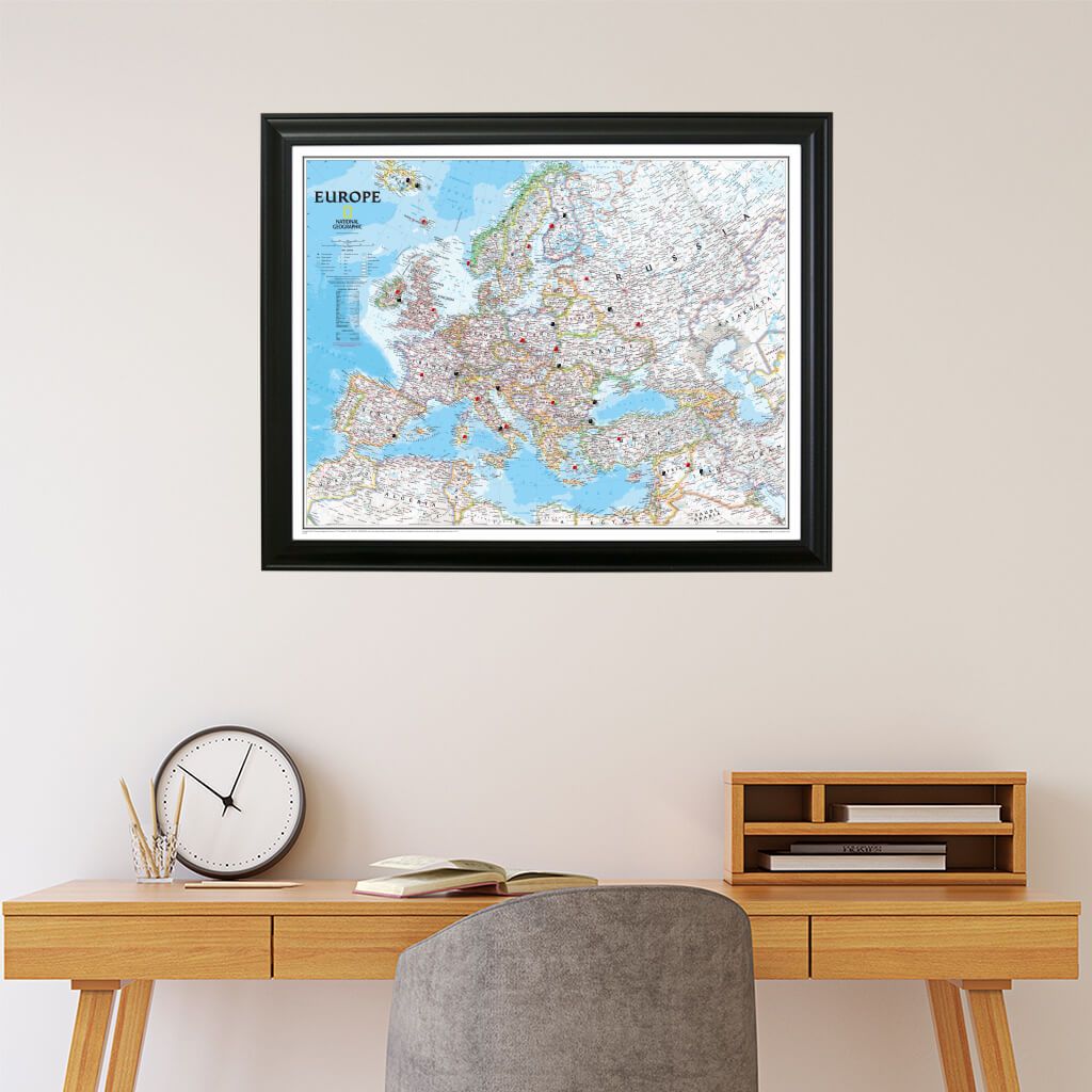 Push Pin Travel Maps Classic Europe in Black Frame with pins