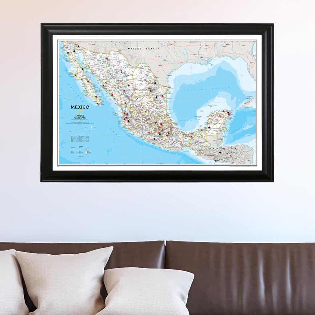 Classic Mexico Push Pin Travel Map in Black Frame