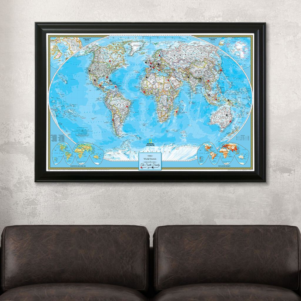 Canvas Classic World Push Pin Travel Map in Black Frame