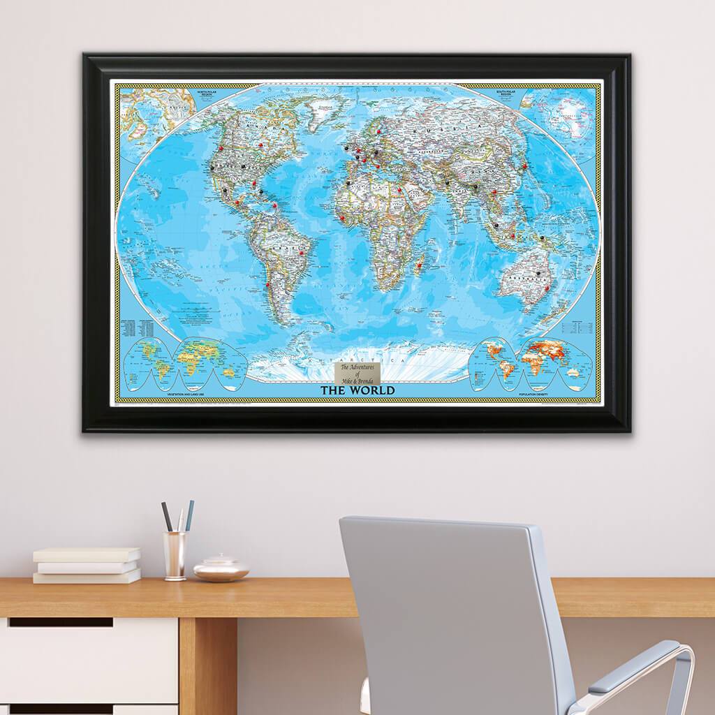 Classic World Push Pin Travel Map with Pins in Black Frame
