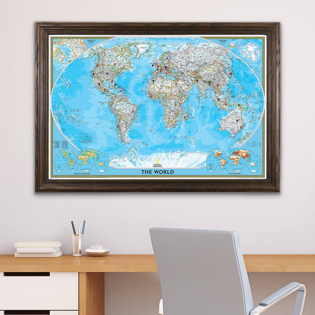 Push Pin Travel Maps - Classic World - Solid Wood Brown Framed Pin Map for Tracking Your Travels - 27.5 x 39.5 - 8 Handcrafted Frame options 