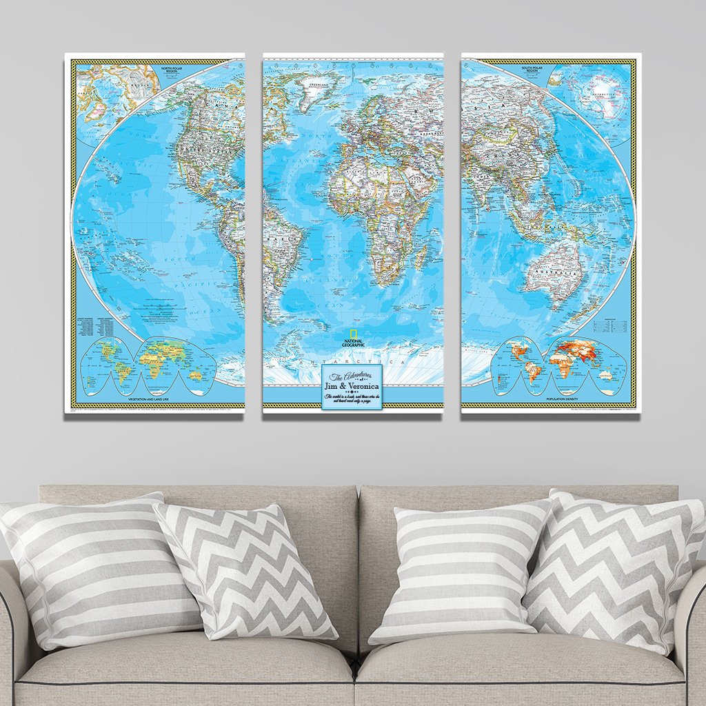 3 Panel Classic World Push Pin Travel Map