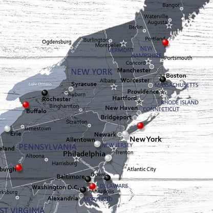 Closeup of Pins on Gray Anniversary Canvas Map