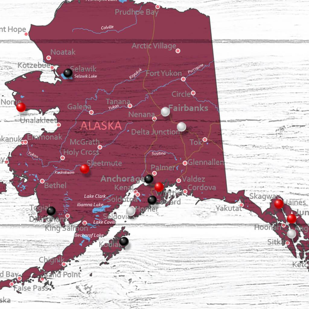 Closeup of Pins on Red Anniversary Canvas Map