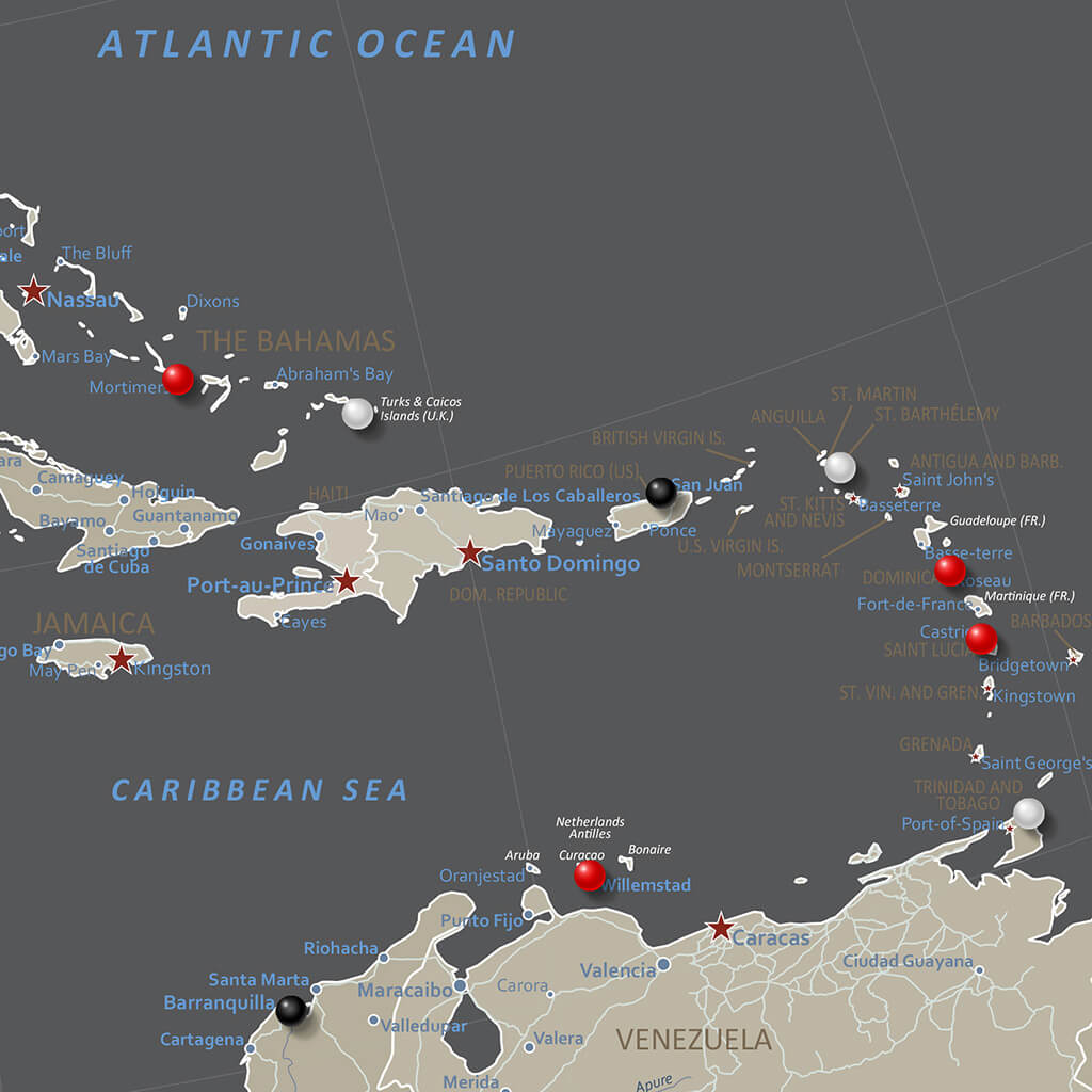 Closeup of Caribbean on Earth Toned North America Map