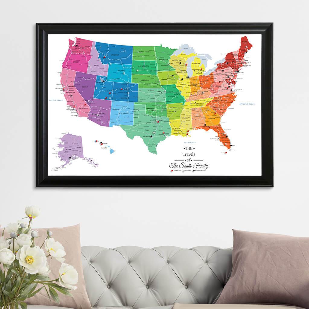 Canvas Colorful USA Travel Map with Black Frame