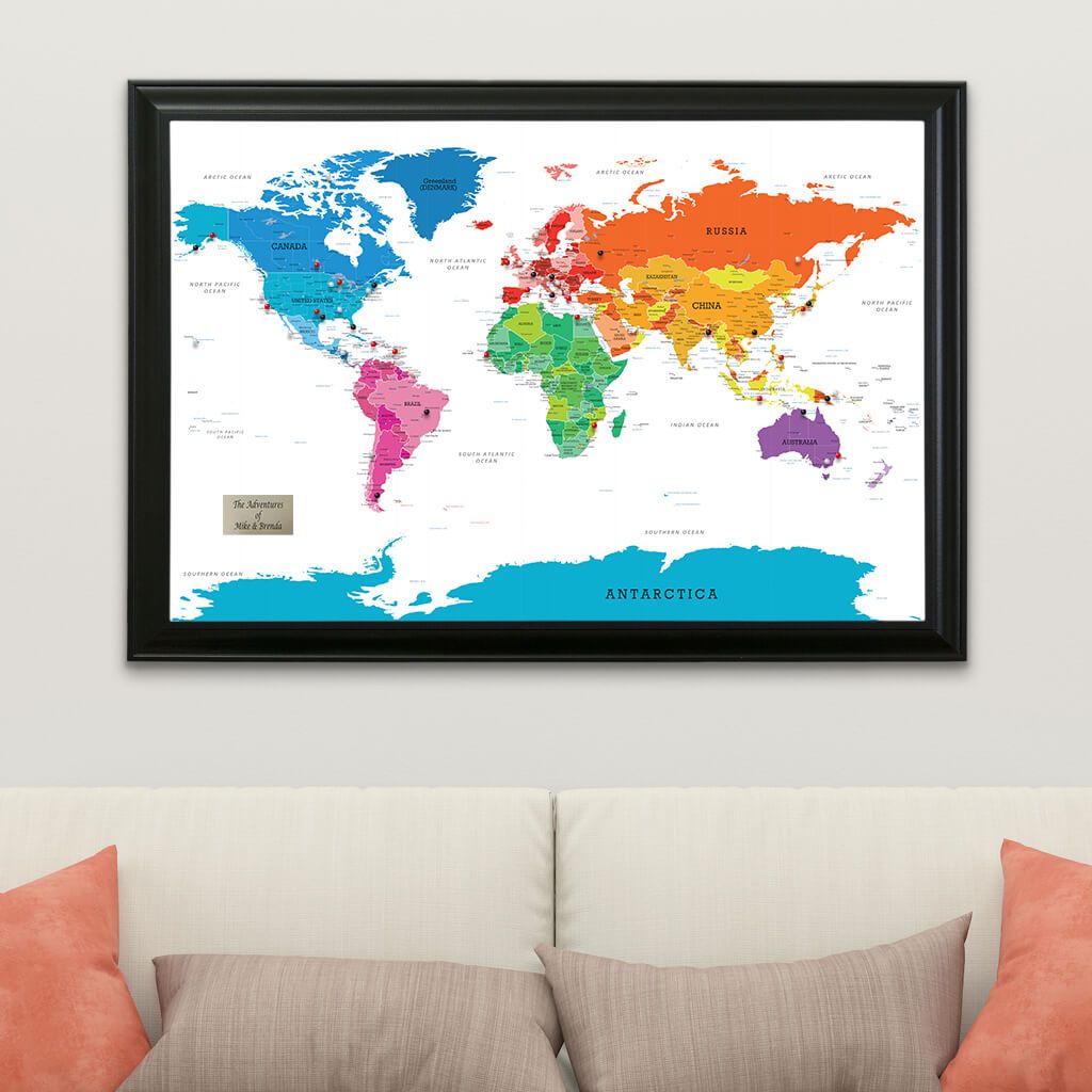 Colorful World Pin Travel Map with Black Frame
