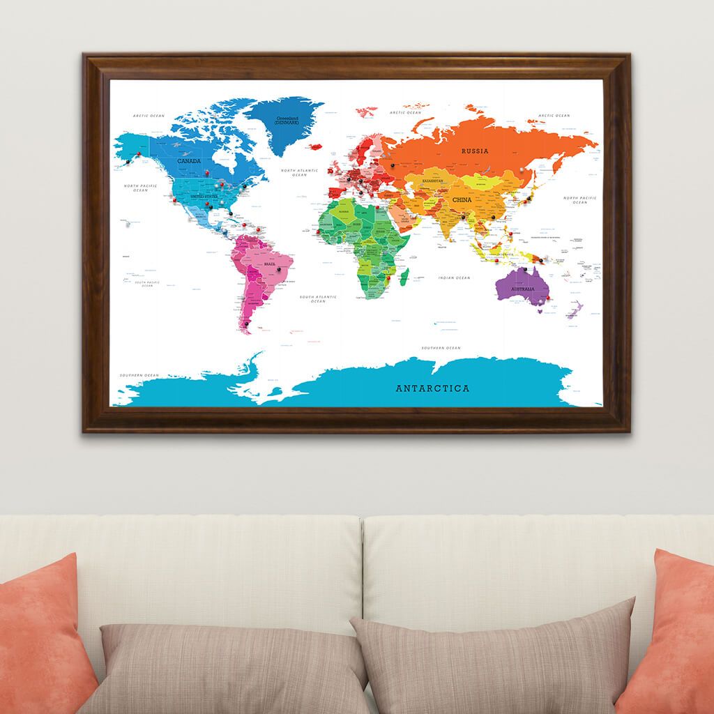 Colorful World Travel Pin Map with Brown Frame