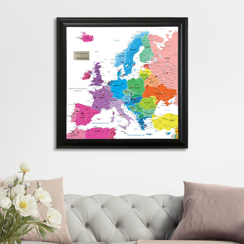 24" x 24" Square Colorful Europe Push Pin Travel Map with Pins - Black Frame