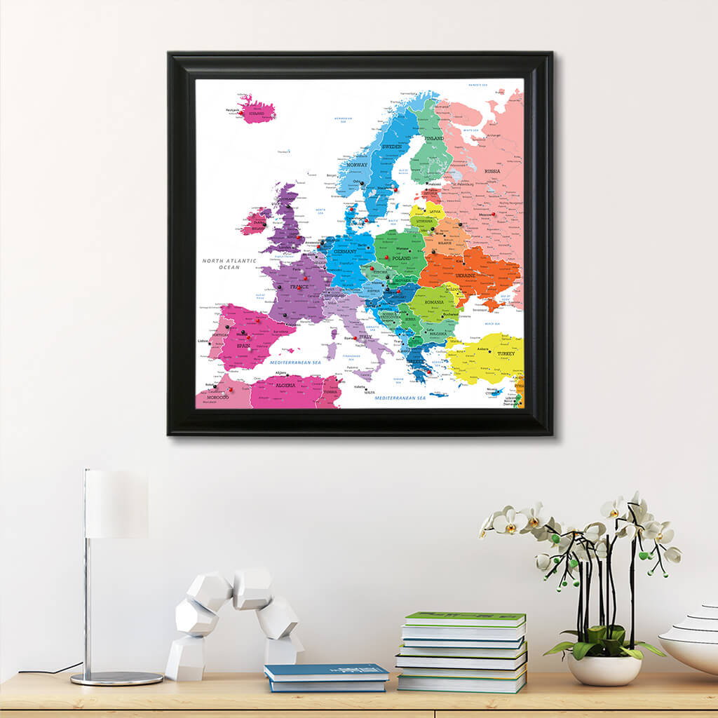 Framed Canvas Colorful Europe Push Pin Travel Map  - Square - Black Frame