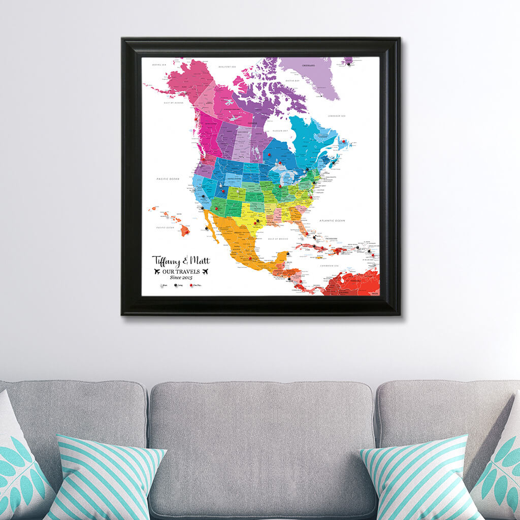 Canvas Colorful North America Travel Map in Black Frame