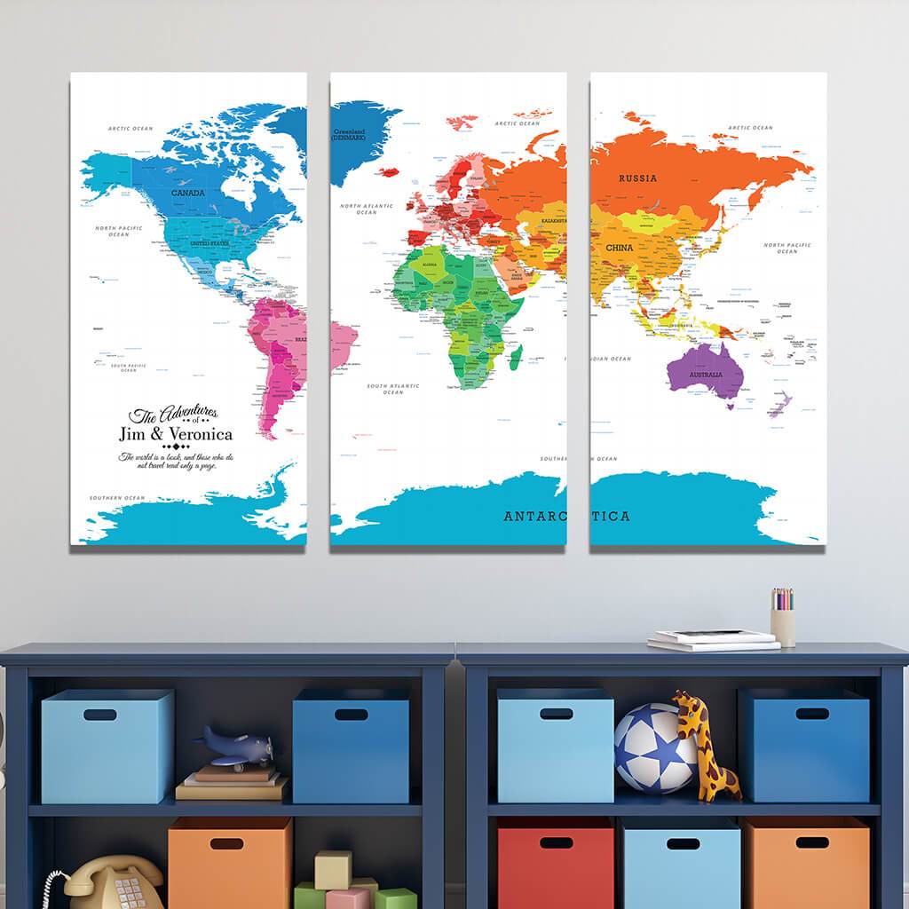 3 Panel Colorful World Gallery Wrapped Canvas Map
