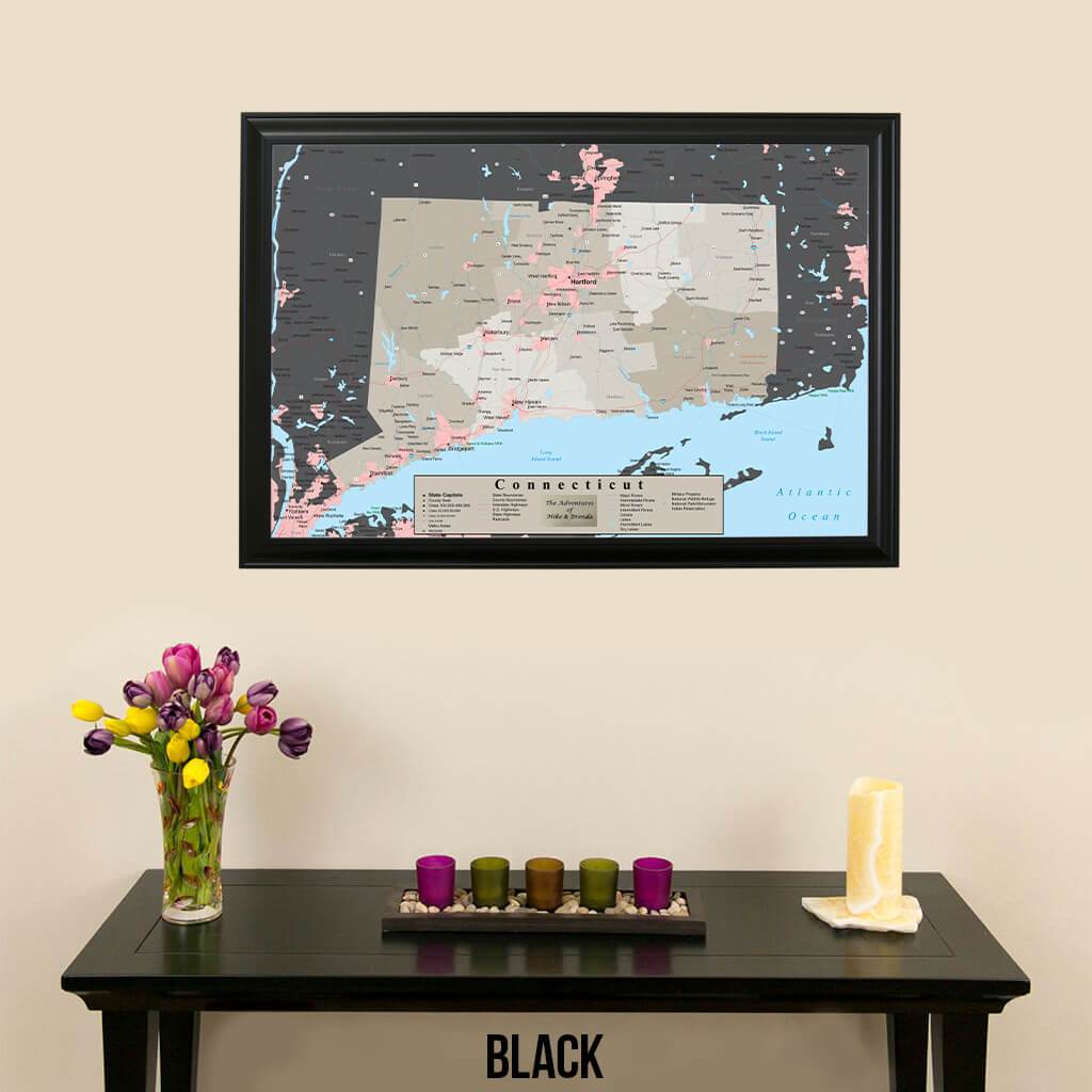 Earth Toned Connecticut State Travel Map Black Frame