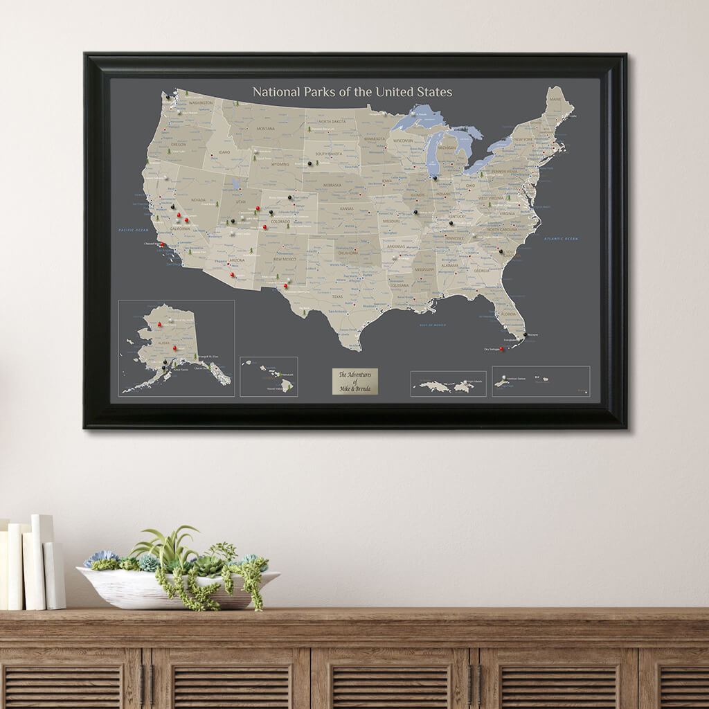 Earth Toned National Parks of the USA Wall Map Black Frame