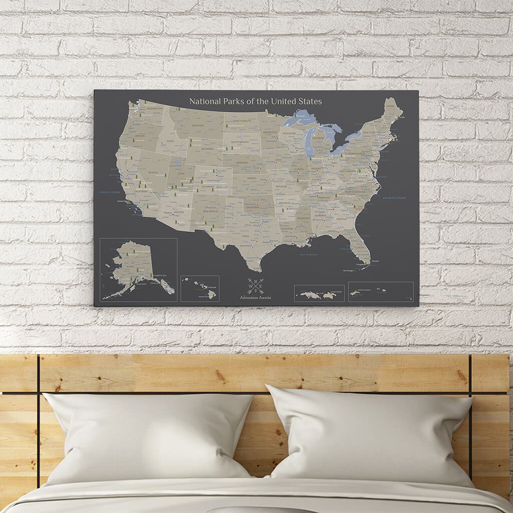 24x36 Gallery Wrapped Canvas Earth Toned USA National Parks Map 