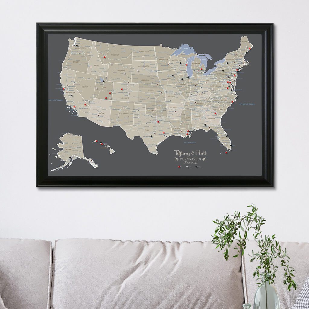 Canvas Earth Toned USA map in Black Frame