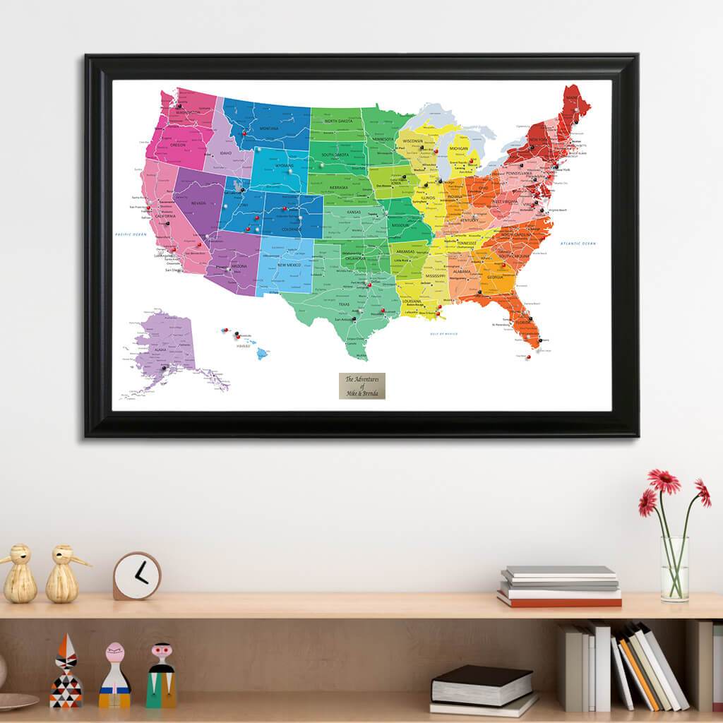 Colorful USA Push Pin Map in Black Frame