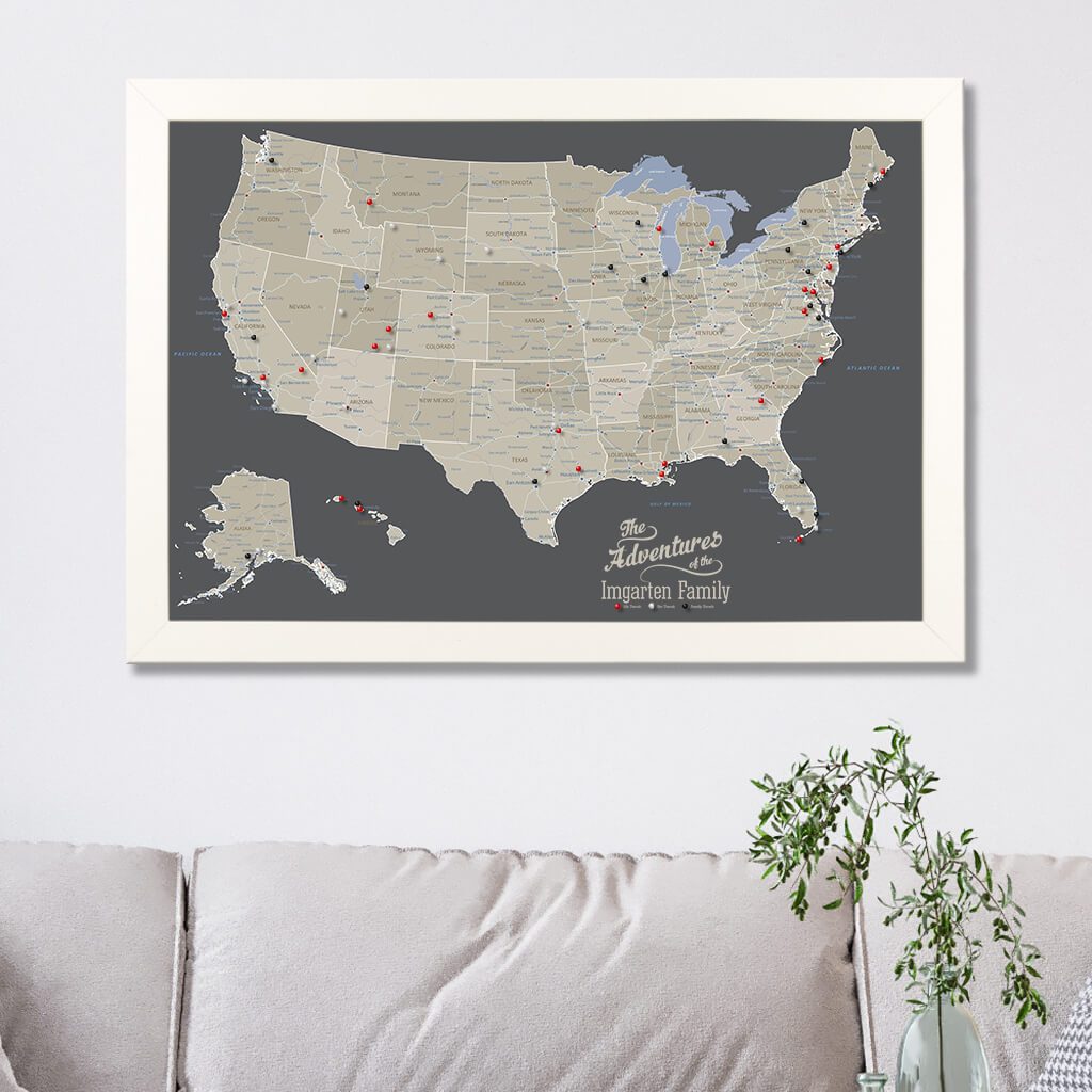 Canvas　Pin　US　Travel　Map　with　United　Map　States　Maps　Earth　Push　Pins　Toned　Framed　Push