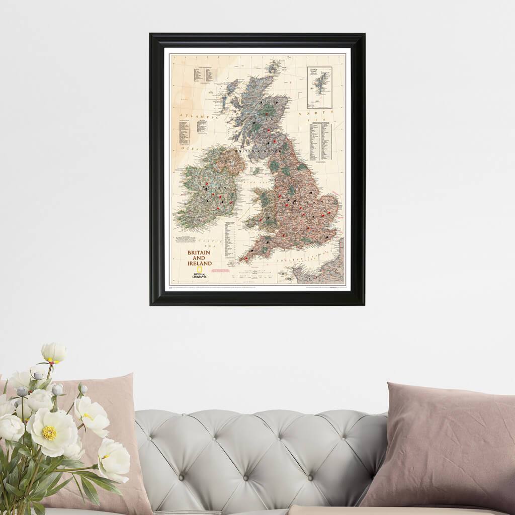 Executive Britain and Ireland Push Pin Map in Black Frame