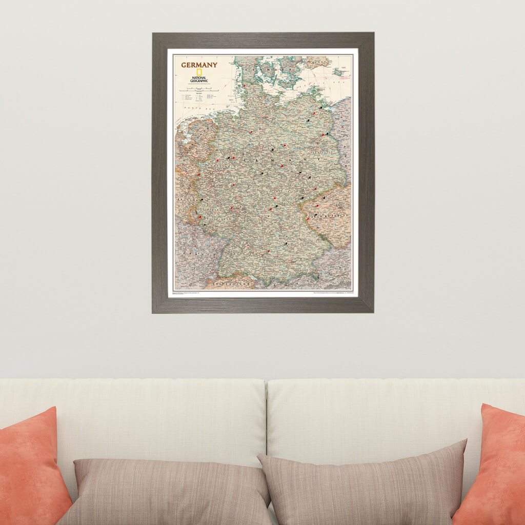 Executive Germany Push Pin Travel Map in Barnwood Gray Frame with Pins