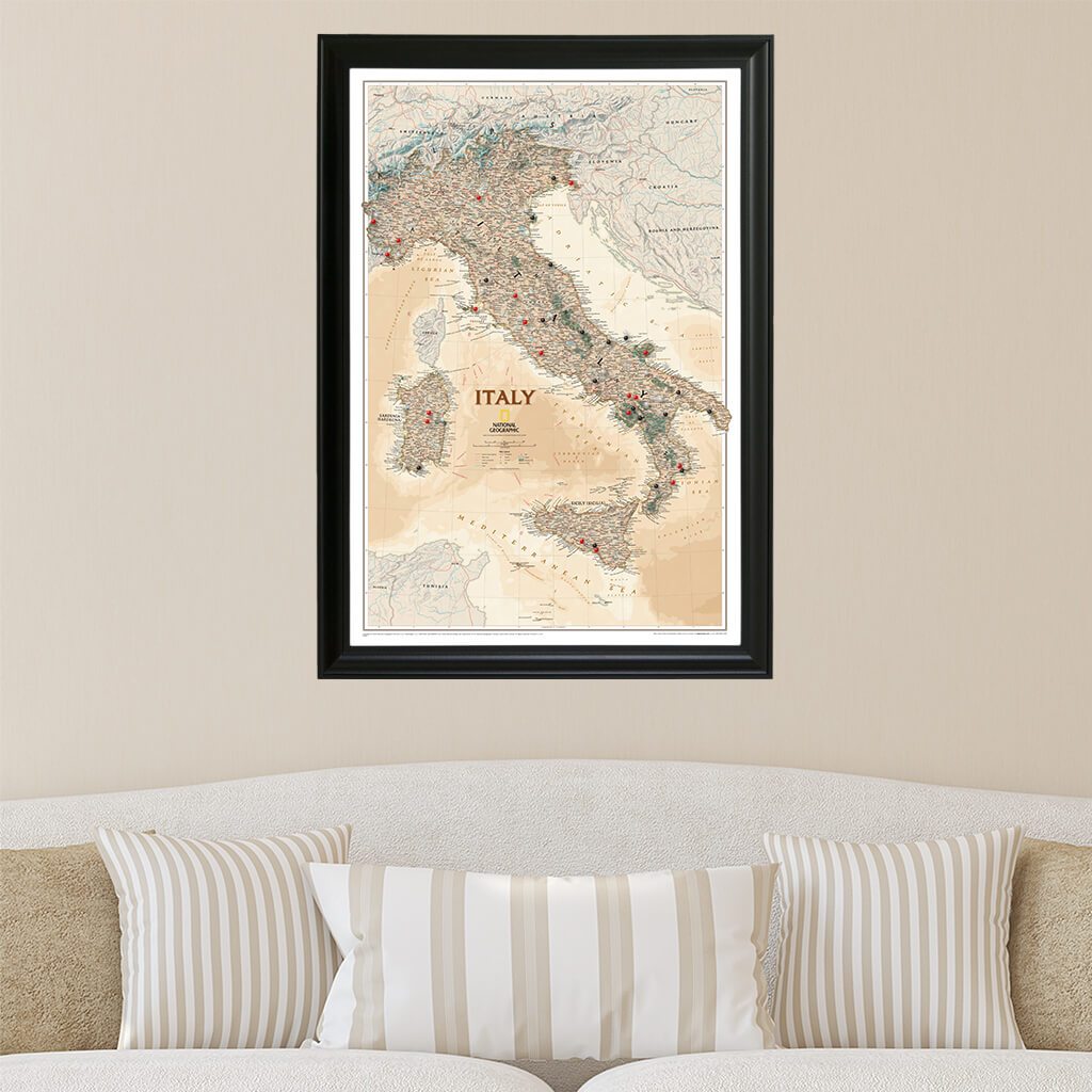 Executive Italy Push Pin Travel Map with Pins in Black Frame
