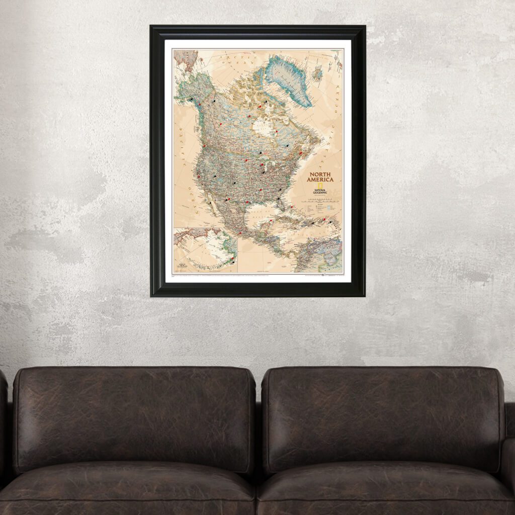Executive North America Push Pin Travel Map in Black Frame