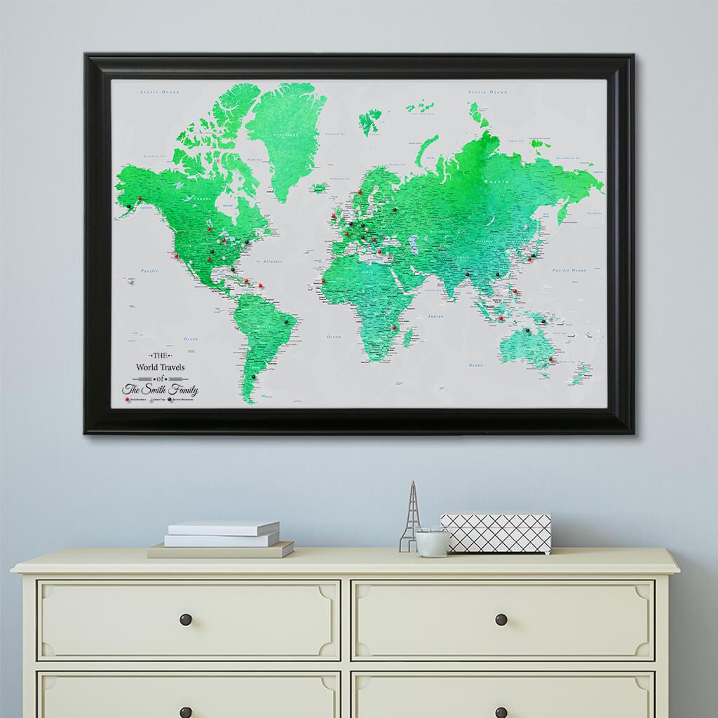 Canvas Watercolor Enchanting Emerald World Map Black Frame