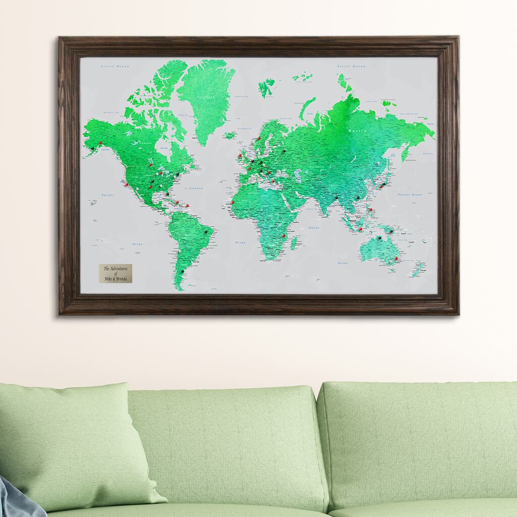 Enchanting Emerald Watercolor World Push Pin Travel Map with Pins