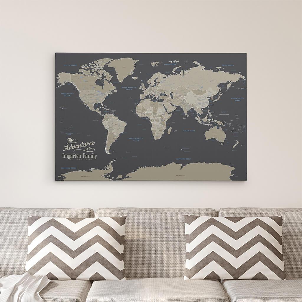 24x36 Gallery Wrapped Earth Tone Push Pin Travel Map
