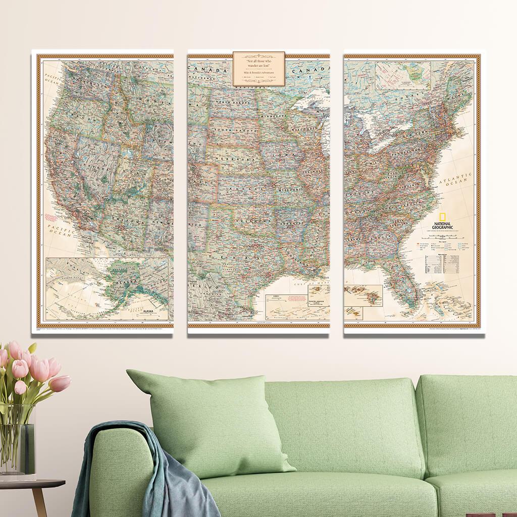 Executive USA 3 Panel Gallery Wrapped Canvas Map