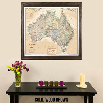 Canvas Executive Australia Push Pin Travel Map in solid wood brown frame