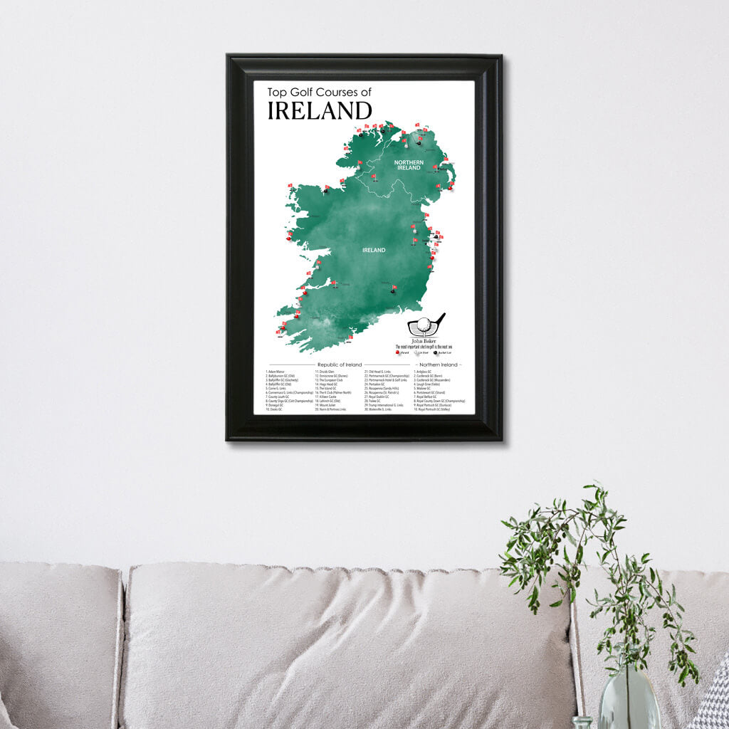 Top Golf Courses of Ireland and Northern Ireland Canvas Push Pin Map in Black Frame