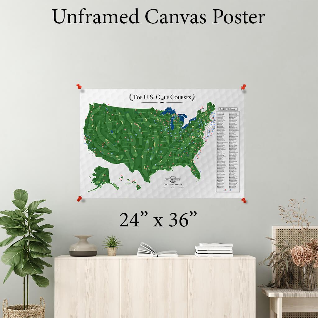 Rolled Canvas Map Poster of Top US Golf Courses - 24 inches by 36 inches