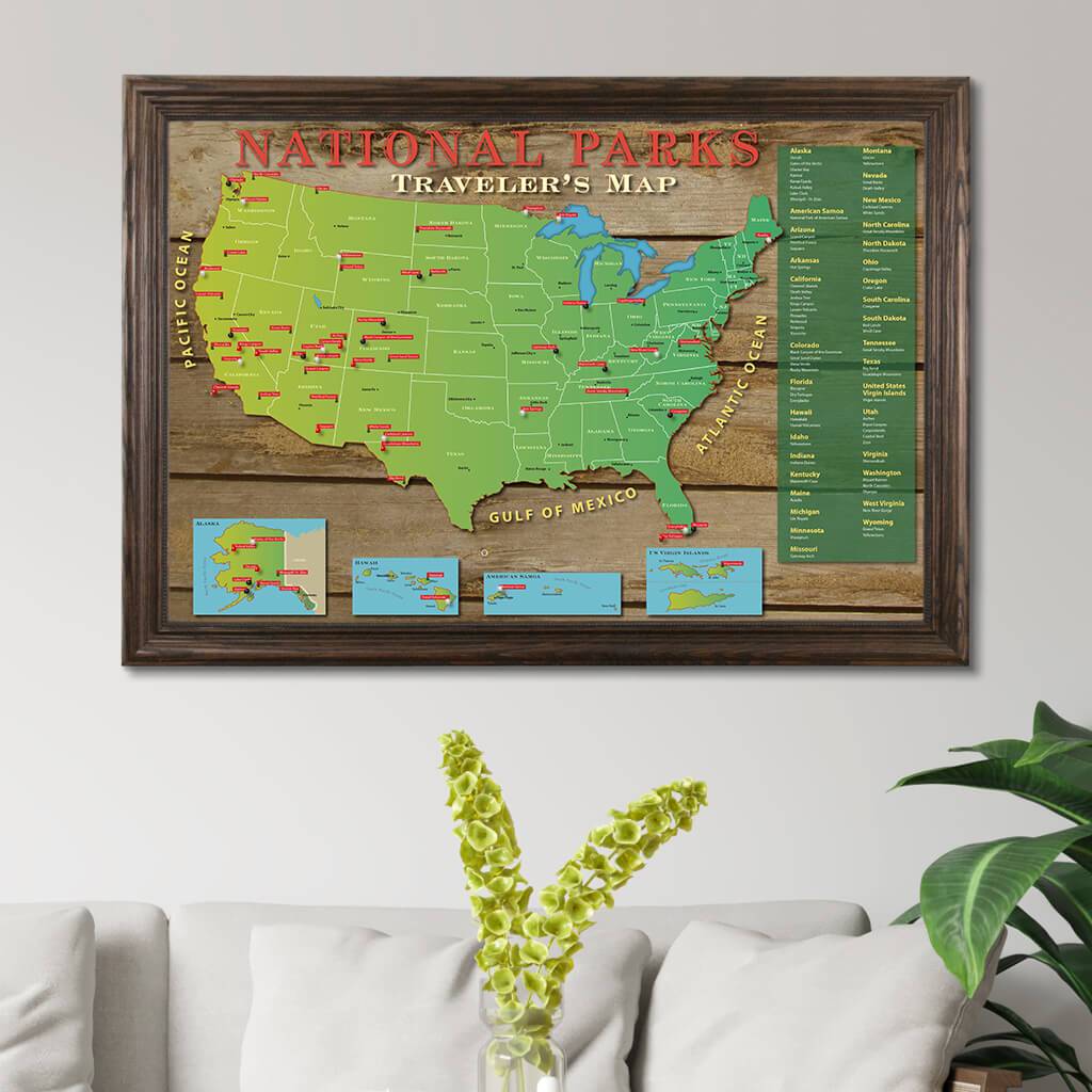 National Parks Map in Solid Wood Brown Frame