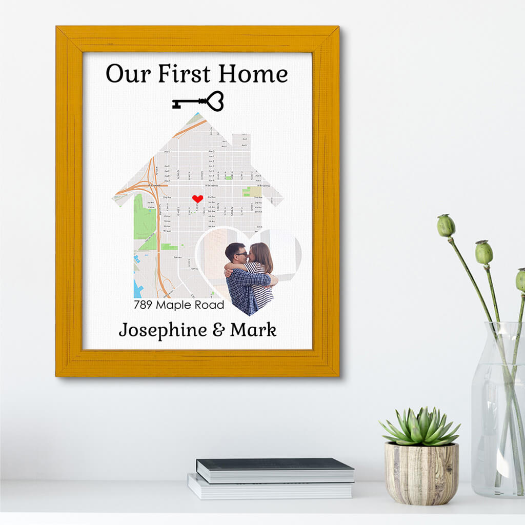 Our First Home With Photo Customizable Canvas Map Art in Carnival Yellow Real Wood Frame
