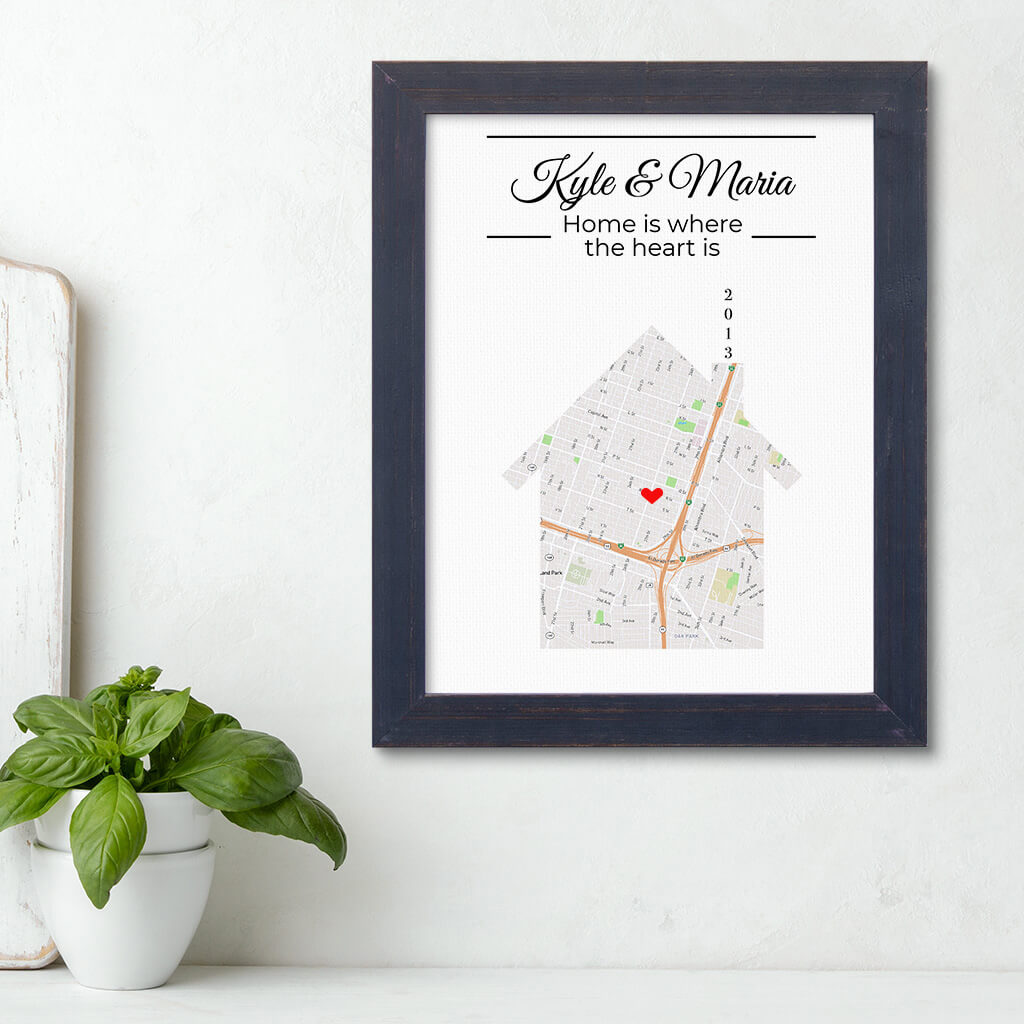 Home is Where the Heart Is Canvas House Shaped Art Print in Carnival Espresso Frame