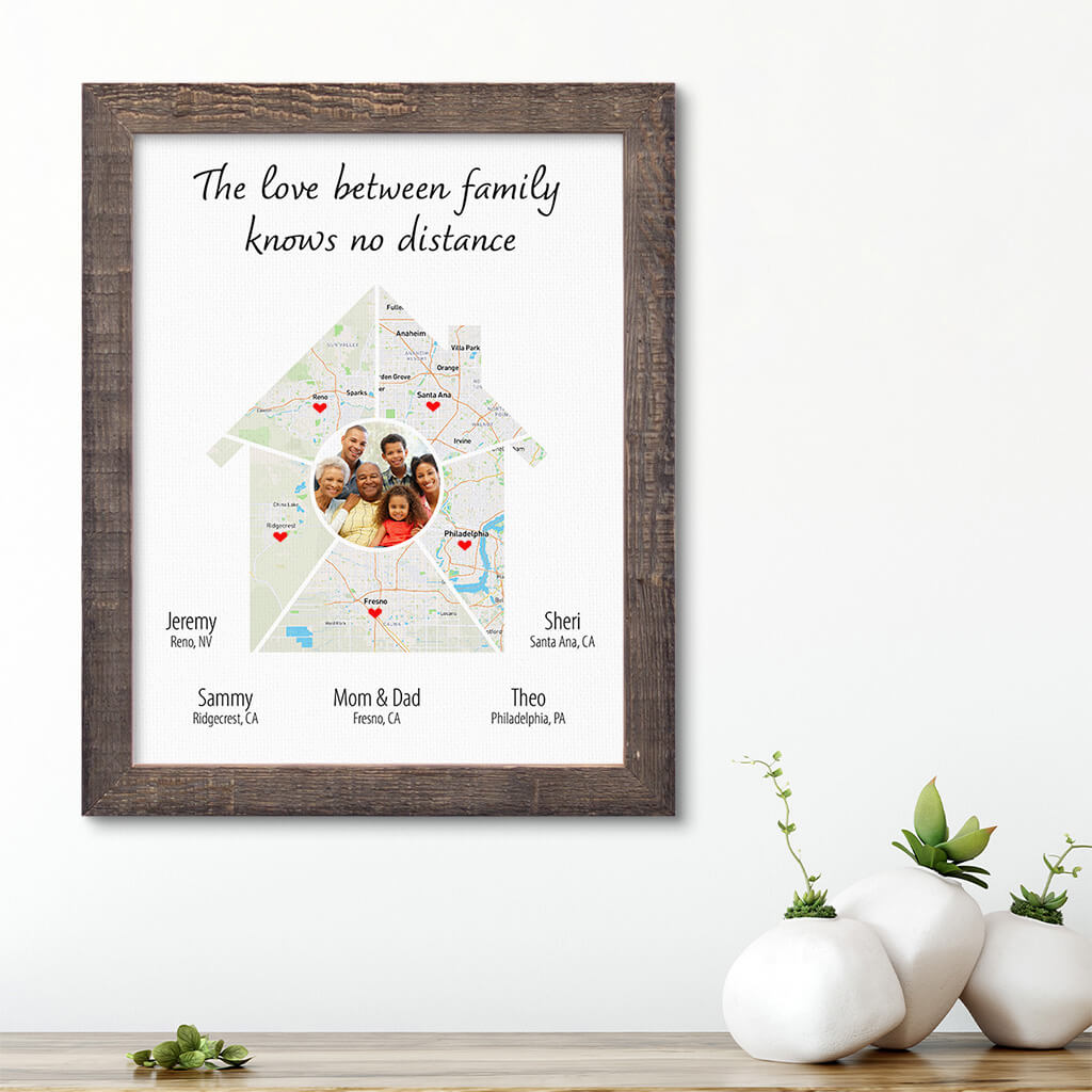Family Photo House Shaped Map Art in Real Wood Madison Natural Frame