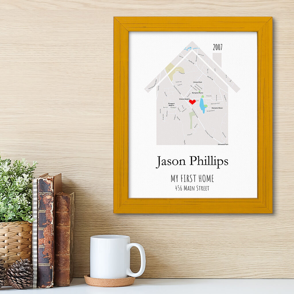 Our First Home Canvas Art Print - Carnival Yellow Wood Frame