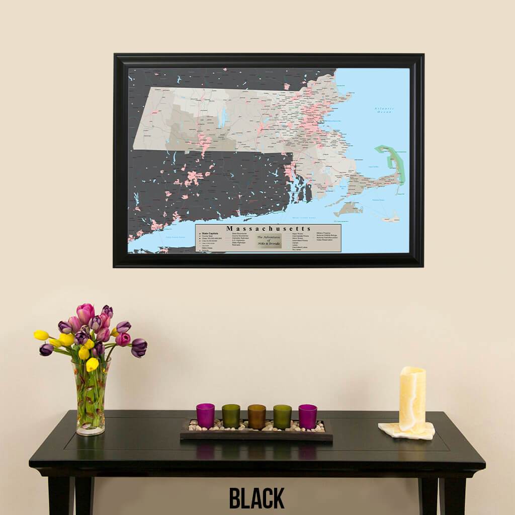 Earth Toned Massachusetts Push Pin Map with Pins Black Frame