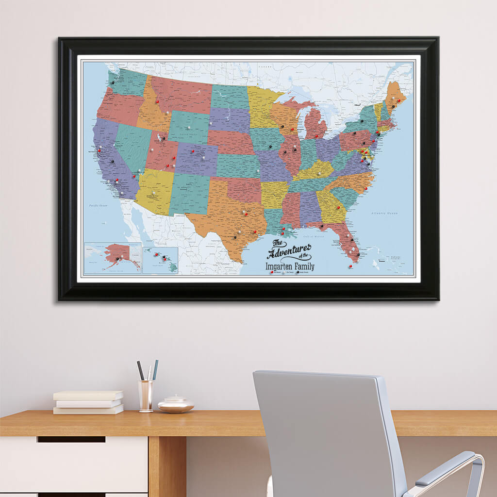 Canvas Blue Oceans US map in Black Frame